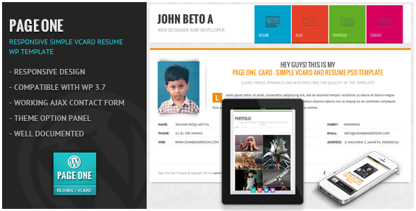 Page One - Responsive Vcard CV Resume WP Theme