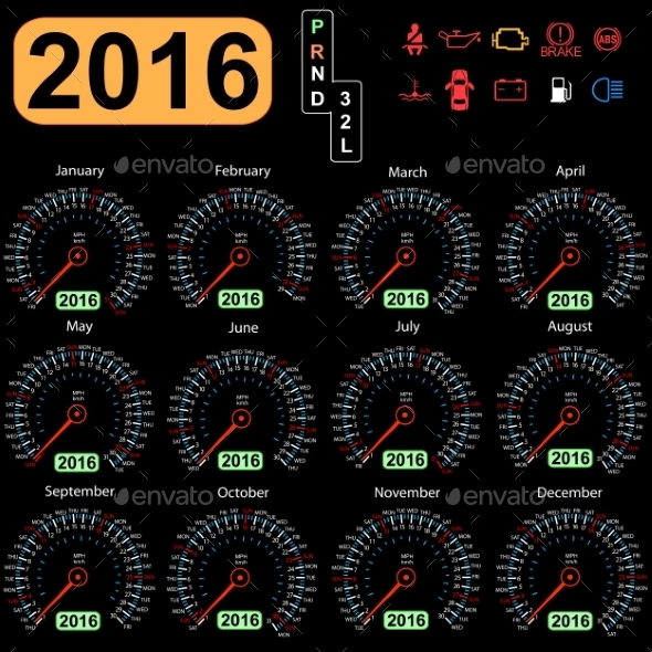 2016 Year Calendar vector Speedometer Car