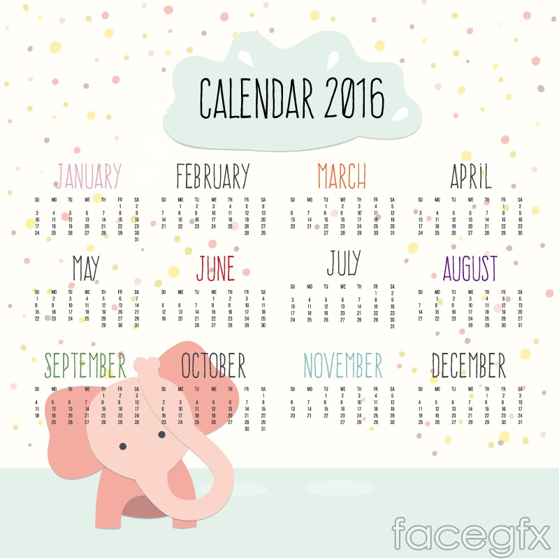2016 calendar pink elephant vector