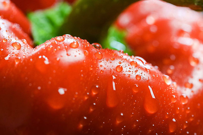 Red Paprika in Water Drops Close Up