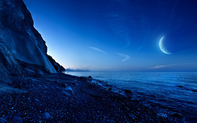 nightfall moutain sea moon