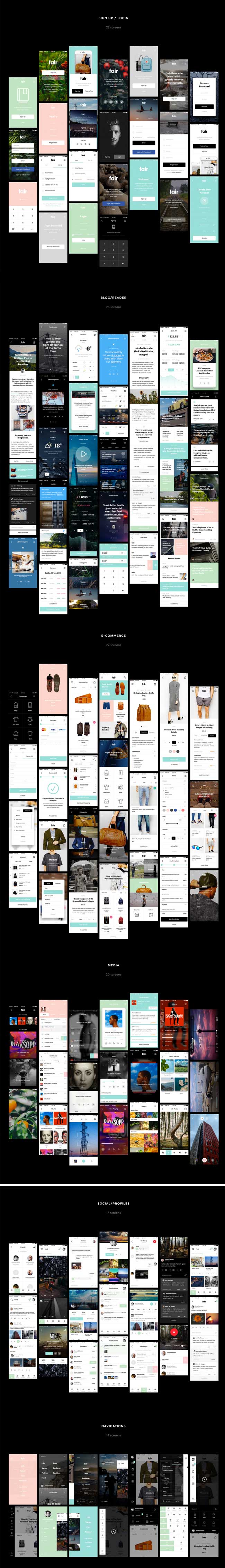 Free Fair Mobile UI Kit PSD Sketch Screens Preview