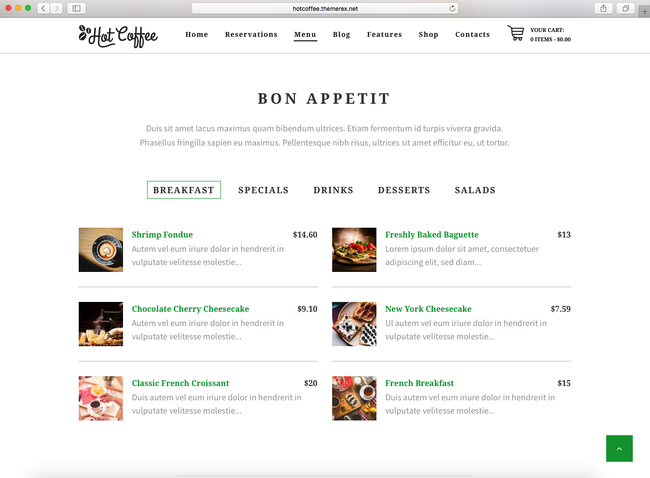WordPress eCommerce theme 2016 for selling coffee and cake