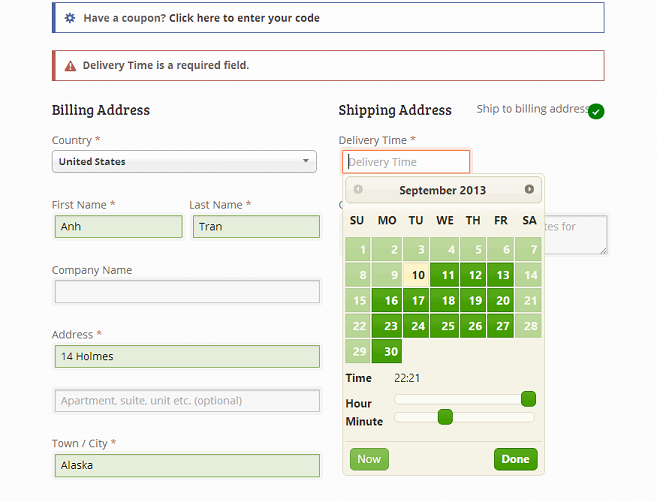 example of using delivery time picker for shipping